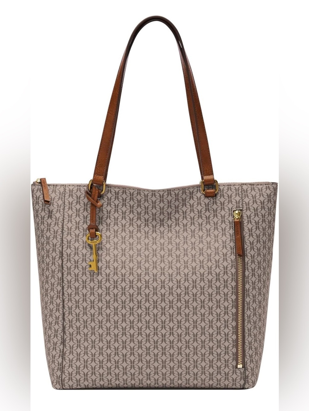 Fossil Neutral Monogram Tote with Brown Leather Straps and Gold Hardware